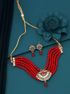 Vita Bella Gold-Plated Kundan-Studded & Beaded Necklace and Earrings Jewellery Set
