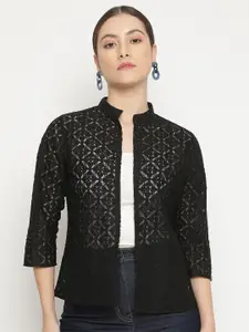 UnaOne Women Self Design Lace Mandarin Collar Open Front Pure Cotton Shrug