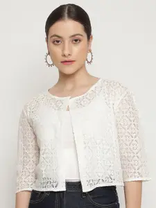 UnaOne Women Self Design Lace Open Front Pure Cotton Crop Shrug