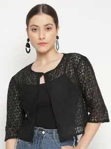 UnaOne Women Self Design Lace Open Front Pure Cotton Crop Shrug
