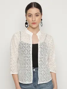 UnaOne Women Self Design Lace Open Front Pure Cotton Crop Shrug