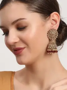 Anouk Gold-Plated & Maroon Dome Shaped Jhumkas Earrings