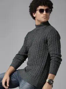 The Roadster Lifestyle Co. Men Acrylic Turtle Neck Cable Knit Pullover