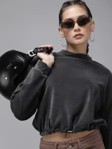 The Roadster Life Co. Solid Long Sleeves Velvet Finish Crop Sweatshirt