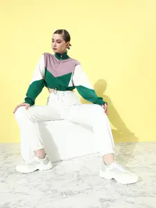 The Roadster Life Co.  Colourblocked Mock-Collar Crop Sweatshirt