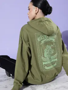 The Roadster Life Co. Olive Green Hello Monsoon Oversized Printed Hooded Sweatshirt