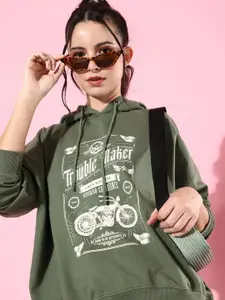 The Roadster Life Co. Olive Green Printed Hooded Pullover Oversized Baggy Sweatshirt