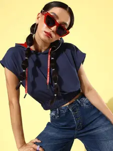 The Roadster Life Co. Navy Blue Winter Discotheque Hooded Crop Sweatshirt