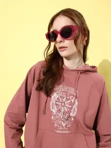 The Roadster Life Co. Salmon Pink Graphic Printed Oversized Hooded Sweatshirt