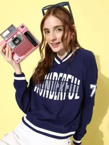 The Roadster Life Co. Navy Blue Very Varsity Graphic Printed Sweatshirt