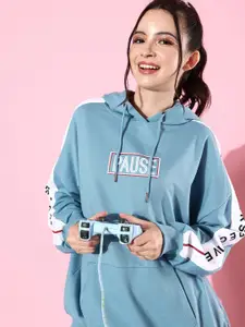 The Roadster Life Co. Navy Blue Printed Hooded Pullover Oversized Baggy Sweatshirt