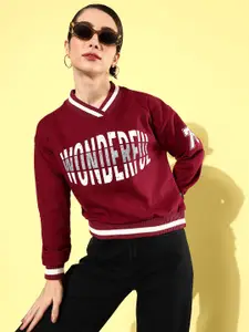 The Roadster Life Co. Spicy Red Printed Boxy Winter Discotheque-Very Varsity Sweatshirts
