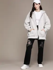 The Roadster Lifestyle Co. Solid Drop-Shoulder Sleeves Oversized Hooded Sherpa Sweatshirt