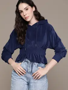 The Roadster Lifestyle Co. Velvet Finish Smocked Hooded Sweatshirt