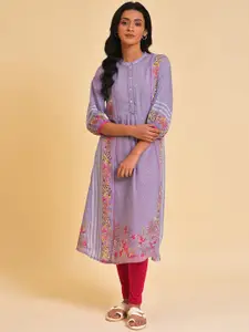 W Purple Mandarin Collar Floral Printed Kurta