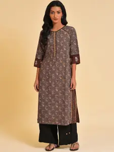 W Brown Floral Printed Straight Kurta
