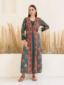 Rustorange Side Slit A-line Maxi Ethnic Dress With Printed Long Shrug