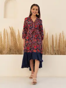 Rustorange Floral Printed A-Line High-Low Midi Ethnic Dress