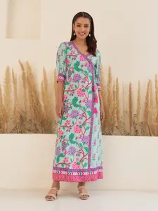 Rustorange Floral Printed Cuffed Sleeves Wrap Maxi Ethnic Dress