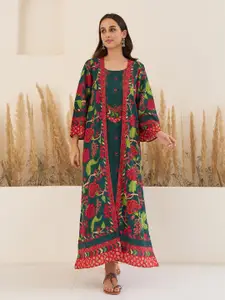 Rustorange Floral Printed A-line Maxi Dress With Long Shrug