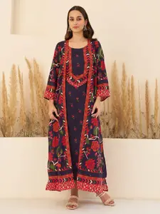 Rustorange Floral Printed A-line Maxi Ethnic Dress With Long Shrug