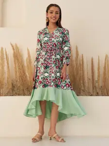 Rustorange Floral Print A-Line High-Low Midi Ethnic Dress