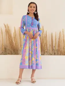 Rustorange Floral Printed Colourblocked A-Line Midi Ethnic Dress