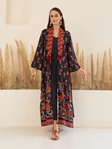 Rustorange Shoulder Strap A-Line Maxi Ethnic Dress With Printed Long Shrug