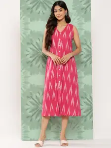 Varanga Coral Printed A-Line Sleeveless Cotton Midi Dress