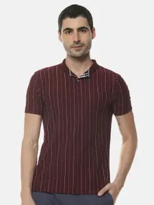 Campus Sutra Maroon Striped Polo Collar Cotton T-shirt
