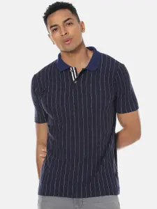 Campus Sutra Navy Blue Striped Polo Collar Cotton T-shirt