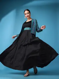ASPORA Satin Fit & Flare Maxi Ethnic Dress With Jacket