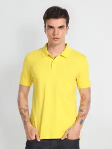 Flying Machine Men Yellow Polo Collar Extended Sleeves Applique T-shirt