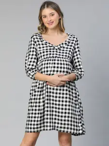 Oxolloxo Checked V-Neck Crepe Maternity A-Line Dress