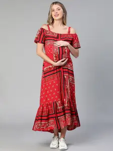 Oxolloxo Floral Printed Cold-Shoulder Maternity Maxi Dress