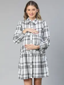 Oxolloxo Checked Tiered Maternity Shirt Dress