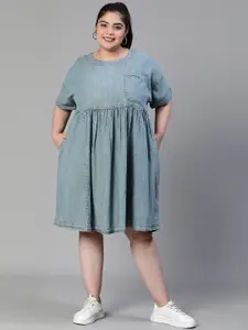 Oxolloxo Plus Size Round Neck Denim A-Line Dress