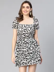 Oxolloxo Animal Print Puff Sleeve Crepe Fit & Flare Dress
