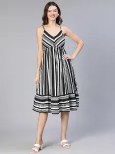 Oxolloxo Striped Shoulder Straps Fit & Flare Midi Dress