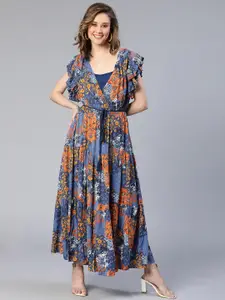 Oxolloxo Floral Printed Flutter Sleeves Linen Fit & Flare Maxi Dress