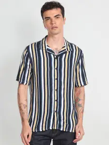 Flying Machine Slim Fit Vertical Striped Cuban Collar Casual Shirt