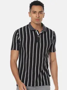 Campus Sutra Black & White Striped Polo Collar Cotton T-shirt