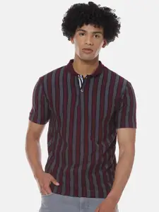 Campus Sutra Maroon & Grey Striped Polo Collar Cotton T-shirt