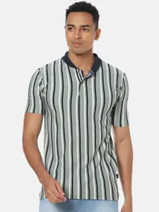 Campus Sutra Green & Navy Blue Striped Polo Collar Cotton T-shirt