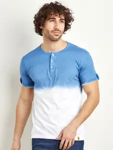 Campus Sutra White & Blue Tie & Dye Henley Neck Cotton T-shirt