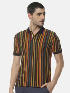 Campus Sutra Musturd Yellow Striped Polo Collar Cotton T-shirt
