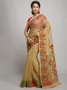 WoodenTant Floral Woven Design Zari Silk Cotton Jamdani Saree