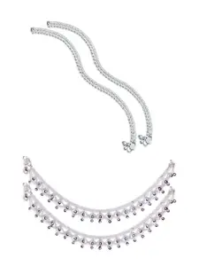 RUHI COLLECTION Set Of 4 Silver-Plated Stone Studded & Beaded Bridal Anklets