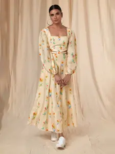 Masaba Floral Printed Puff Sleeves Cut-Out Linen A-Line Maxi Dress