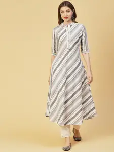 FASHOR Grey & Off White Striped Manadrin Collar Thread Work A-Line Cotton Kurta